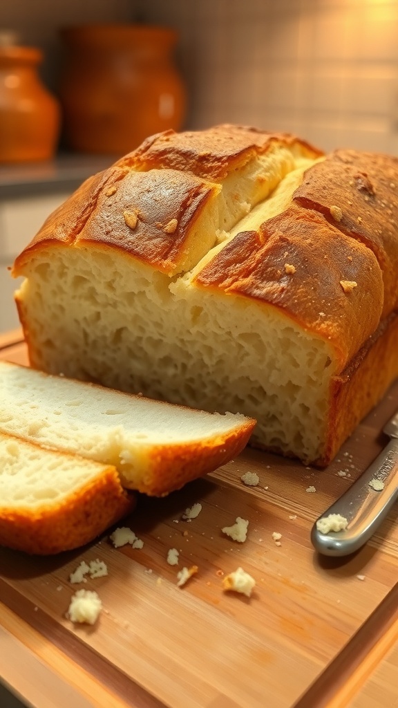 Classic Homemade Bread Recipe A golden brown loaf of homemade bread sliced to show its fluffy interior on a wooden cutting board.